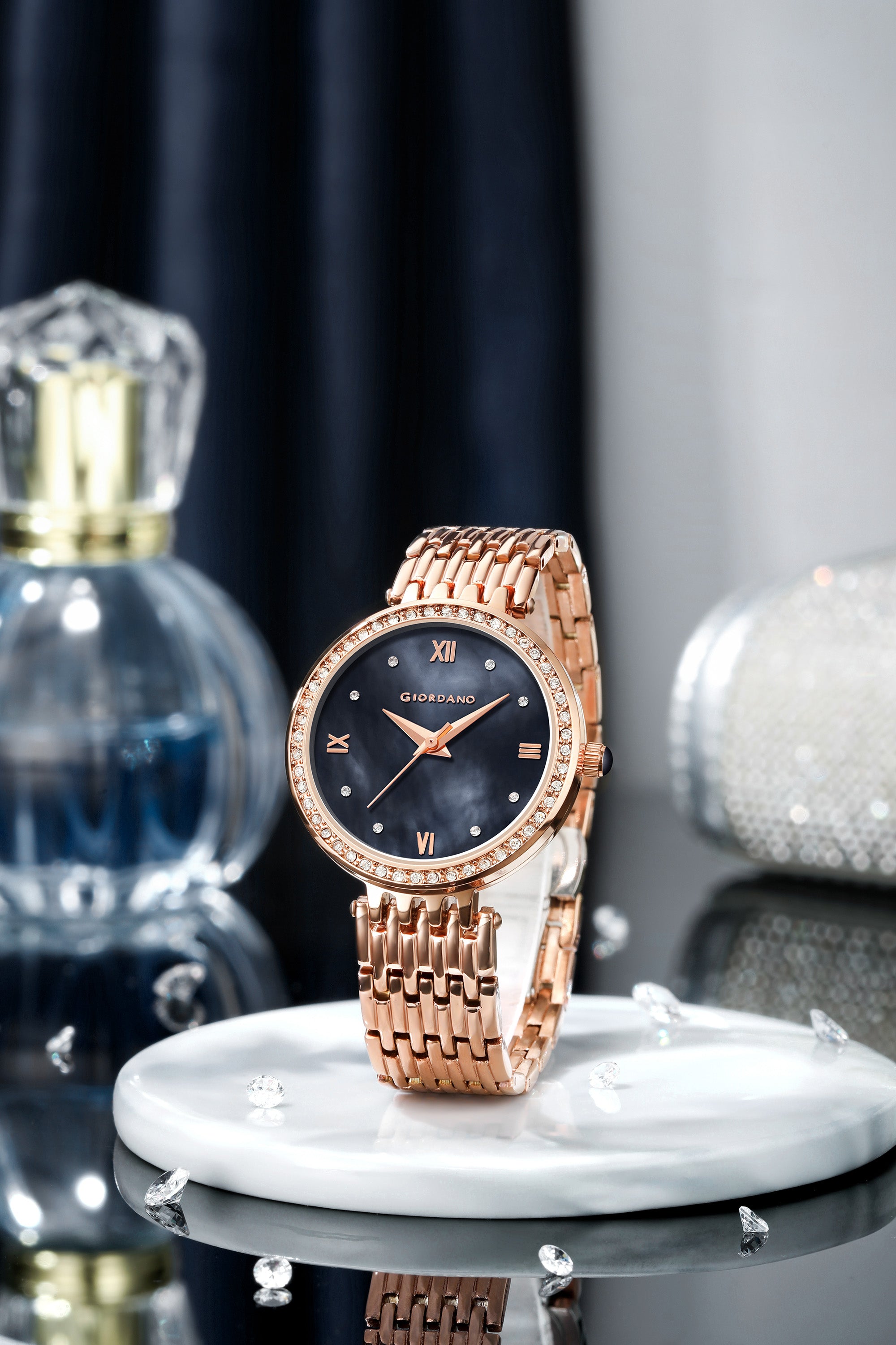 Giordano Analog Watch for Women with Stainless Steel Strap and Crystal Embellished Bezel, Roman Numerals | A2060-11